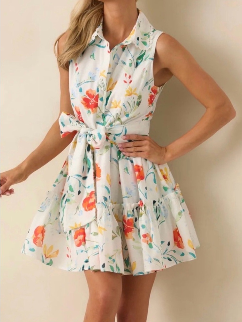 Floral Tie-Waist Sleeveless Mini Dress in White